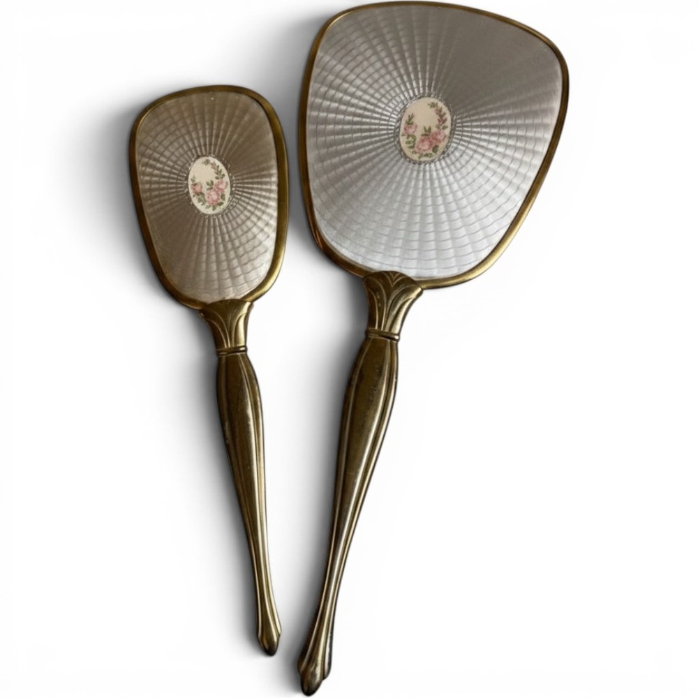 Vintage Guilloche Vanity Set Pink Rose Floral Hand Mirror and Brush Gold